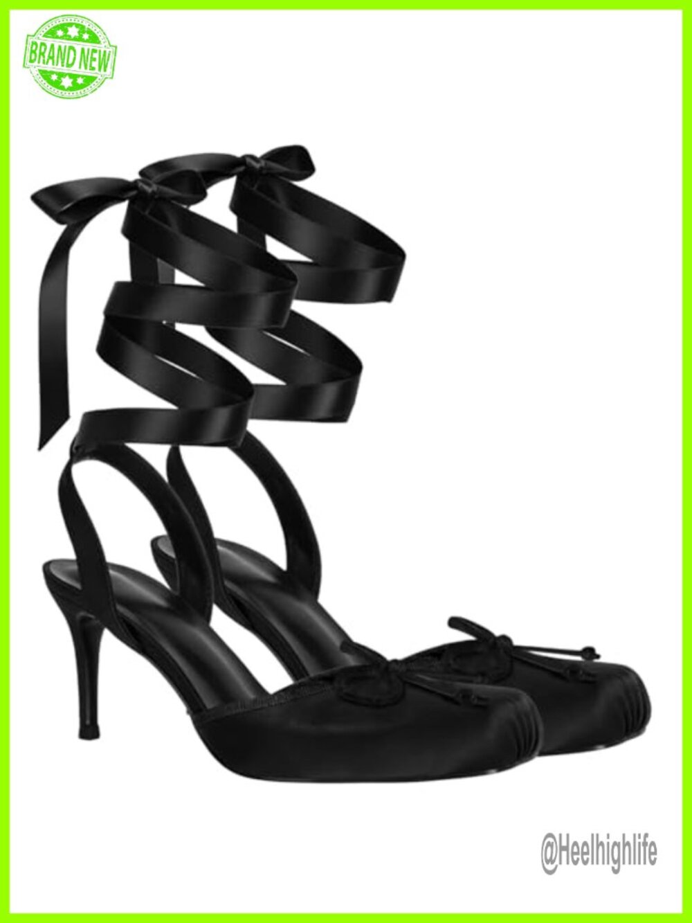 Lace-Up Satin Ballet Stiletto Pumps Square Toe Bow Ankle Strap Heels Women
